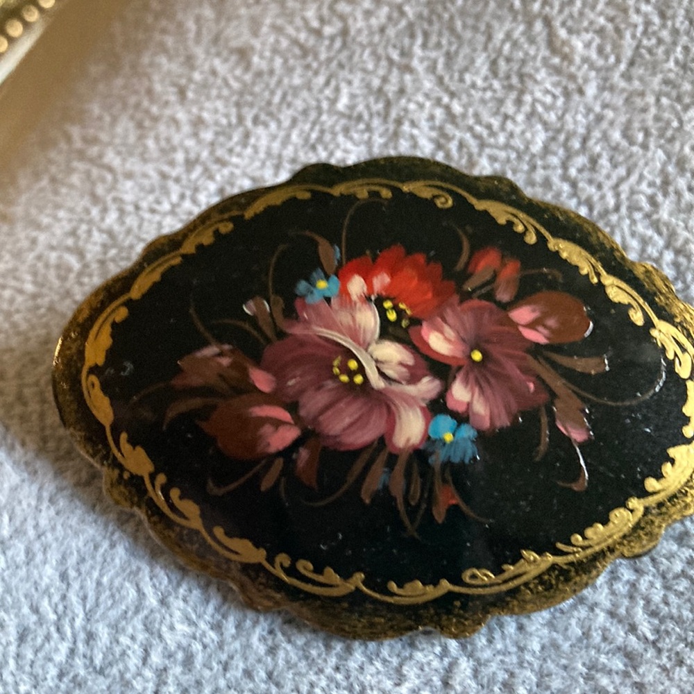 Vintage Floral Black Enamel Brooch with Hand-Painted Pink Flowers